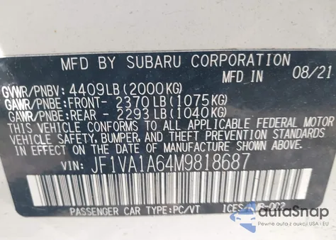 2021 Subaru Wrx from USA, damaged, VIN JF1VA1A64M9818687